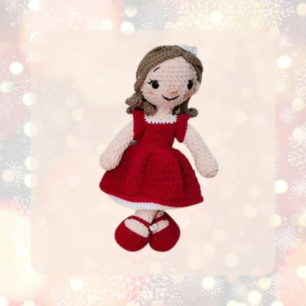 A Crocheted  Doll Wearing a Red Dress-25 cm